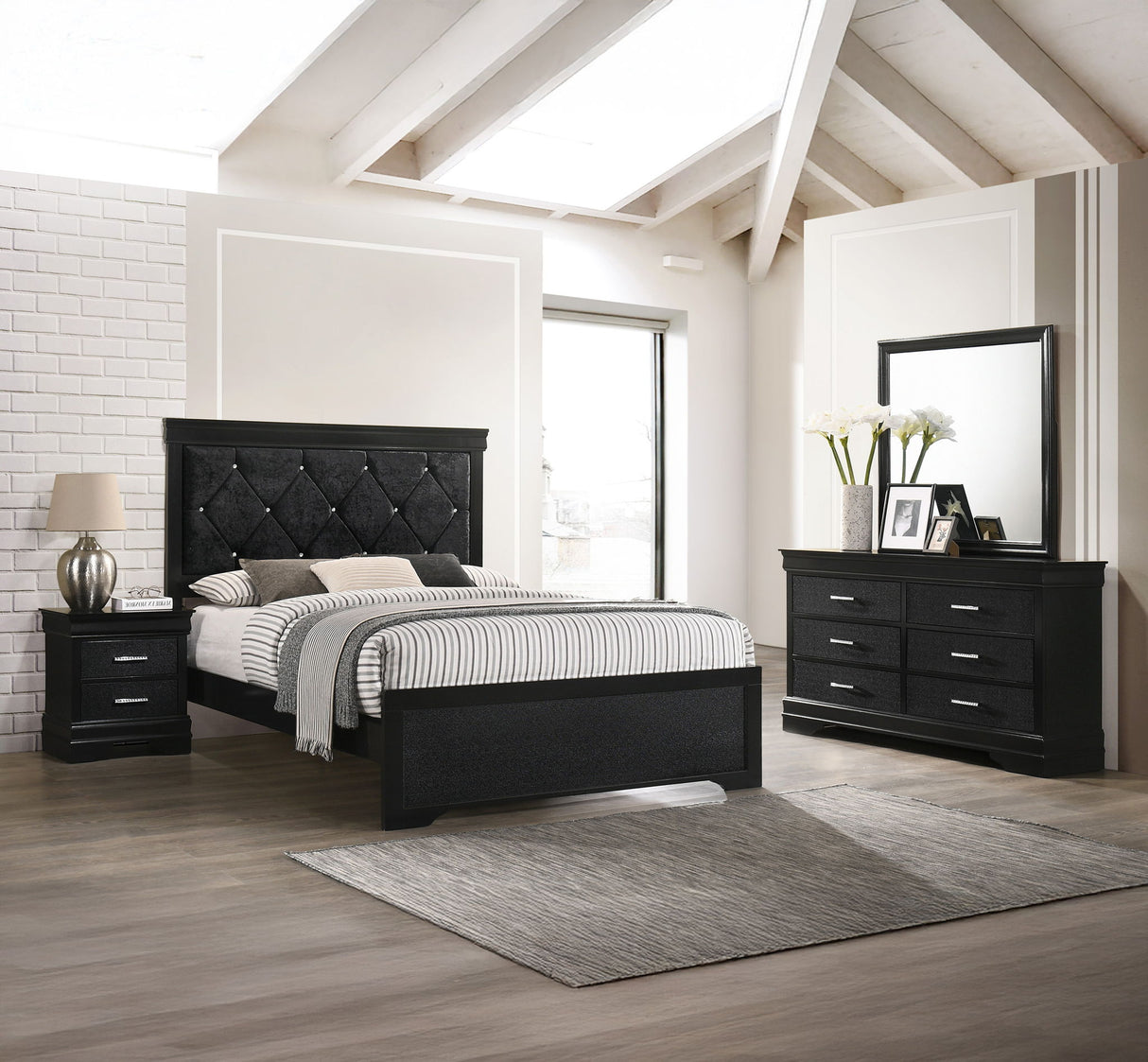 Amalia - Bedroom Set Black 4 Pc. Bed, Dresser, mirror, Nightstand by Crown Mark | Bel Furniture