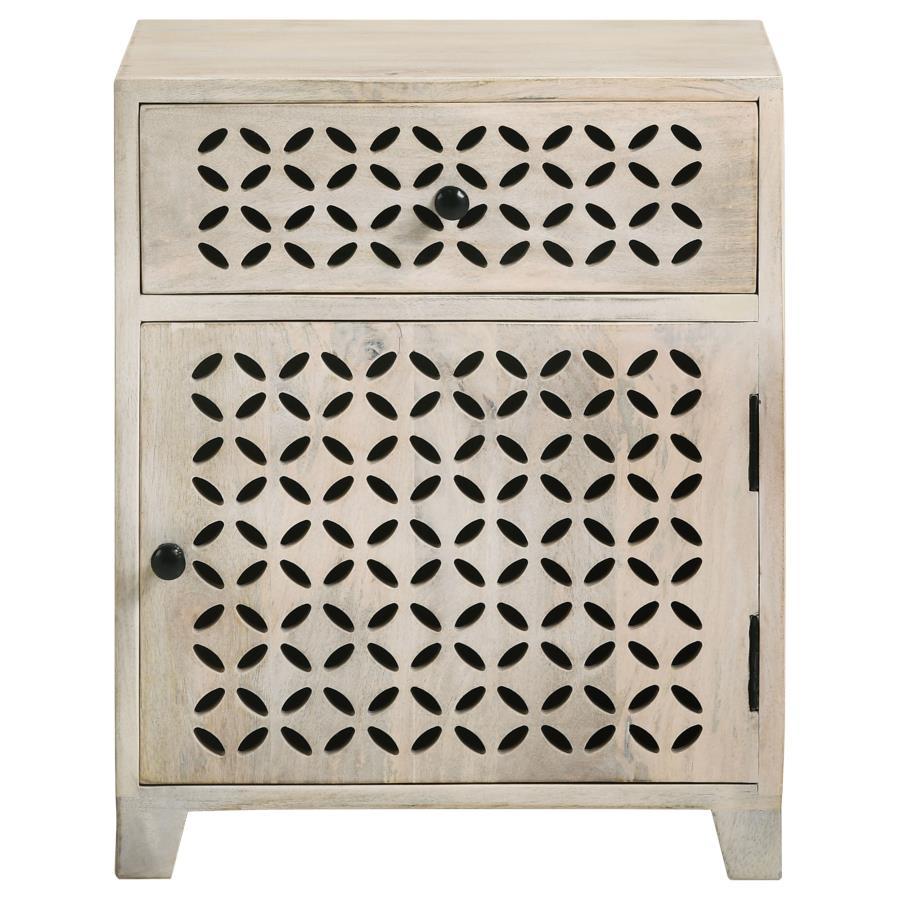 August - 1-Drawer Trellis Pattern Storage Cabinet - White Washed by CoasterEssence | Bel Furniture
