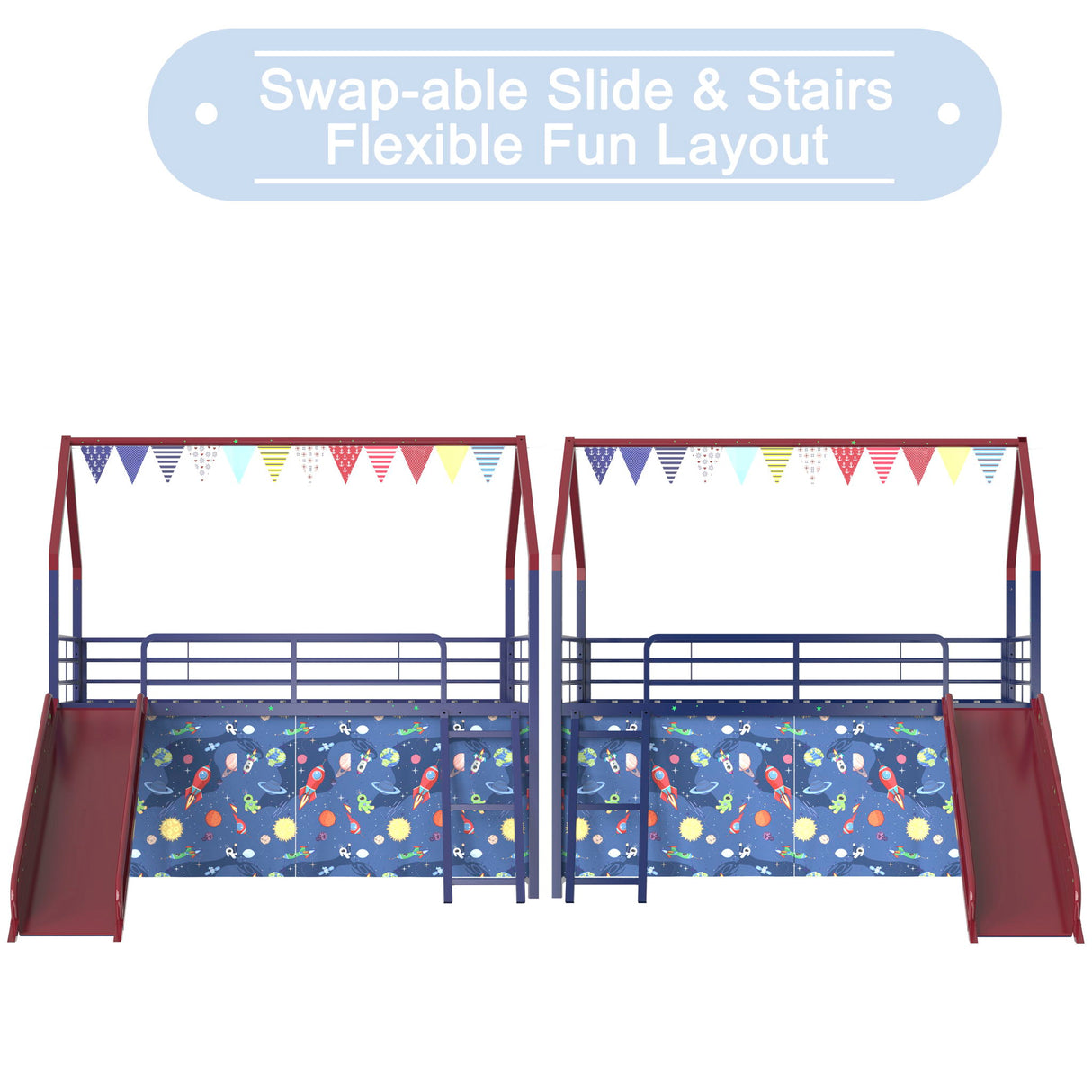 Jack - House Loft Bed With Slide And Curtain Set