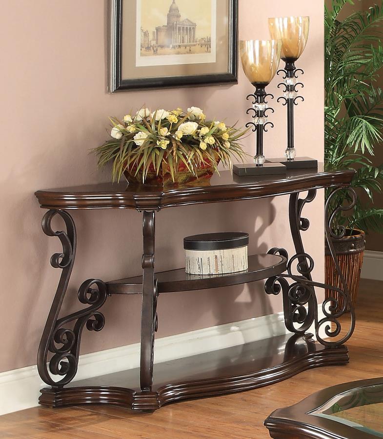 Laney - Scrollwork Entryway Sofa Console Table - Deep Merlot by CoasterEssence | Bel Furniture