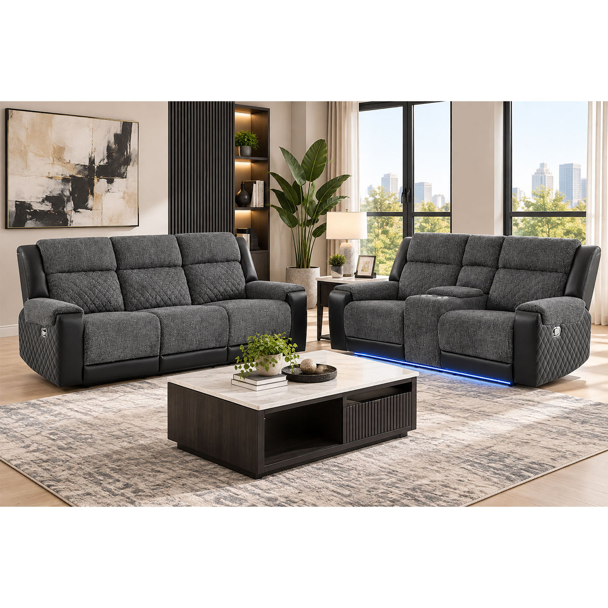 Alicia - Console Reclining Loveseat With Immersive Sound & Blue LED - Black / Gray