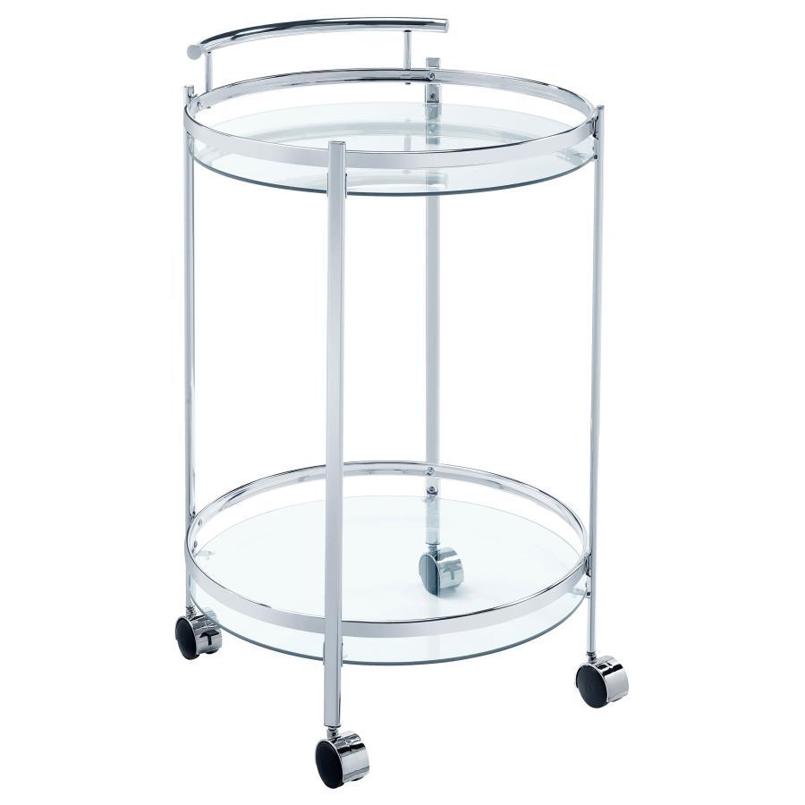 Chrissy - Round Glass Shelf Metal Bar Cart Pearl Silver by CoasterEveryday | Bel Furniture