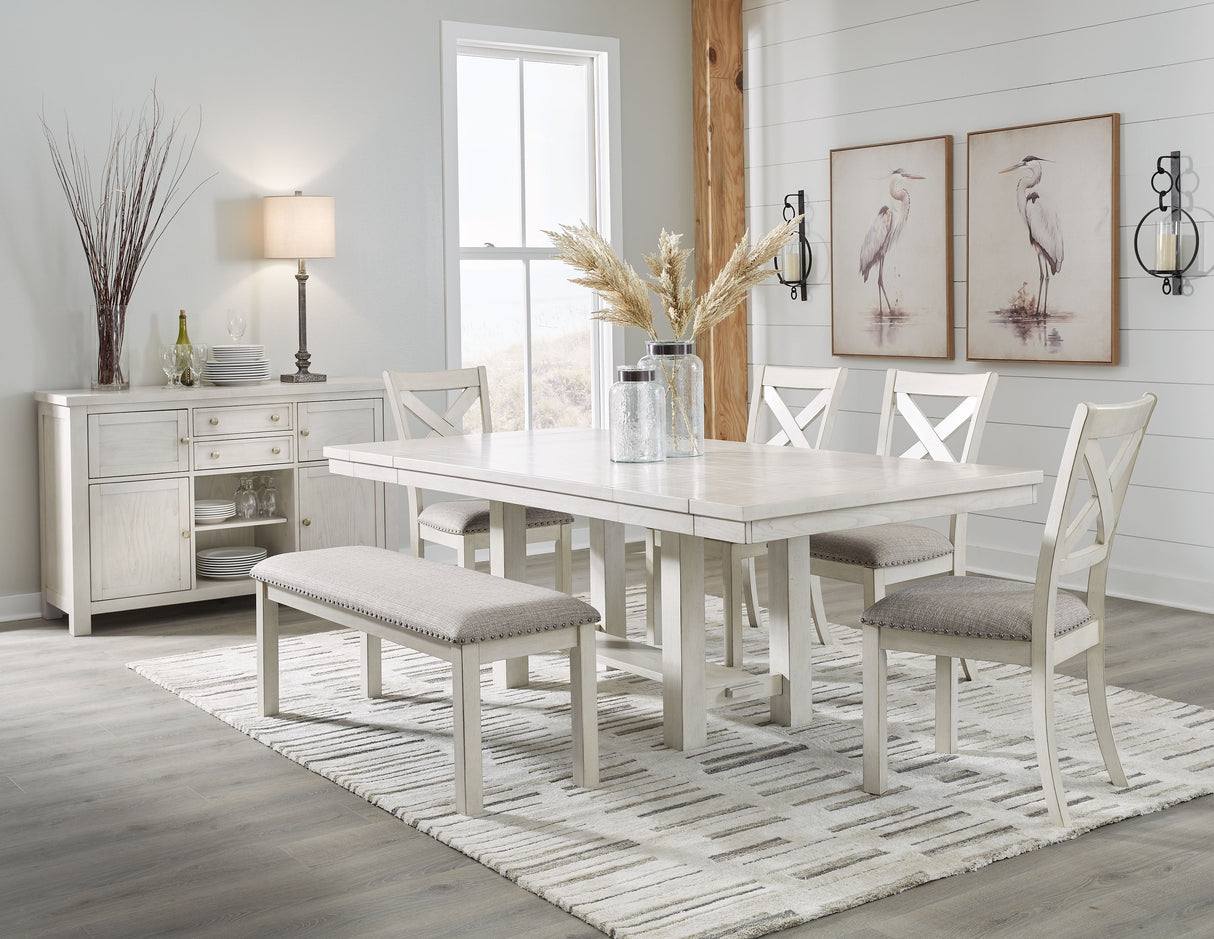 Robbinsdale - Rectangular Dining Room Extension Table Set White 7 Pc. Table, 4 Chairs, Bench, Server by Signature Design by Ashley® | Bel Furniture