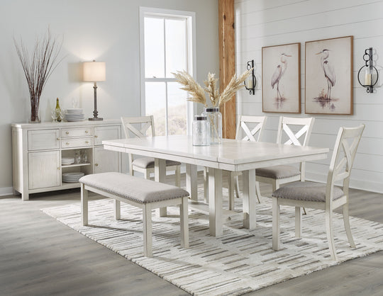 Robbinsdale - Rectangular Dining Room Extension Table Set White 7 Pc. Table, 4 Chairs, Bench, Server by Signature Design by Ashley® | Bel Furniture