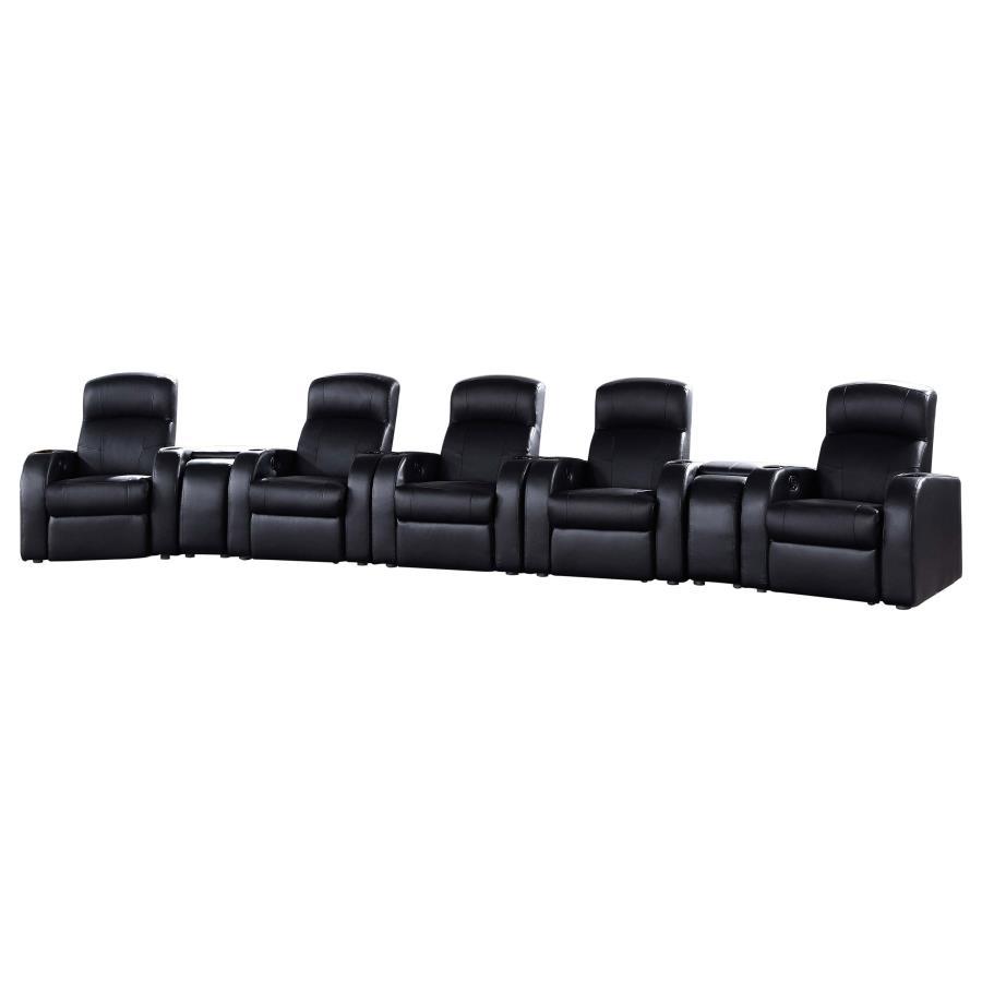 Cyrus - Upholstered Home Theater Seating Black 7 Pc. 5 Seats, 2 Cup Holders by CoasterEssence | Bel Furniture