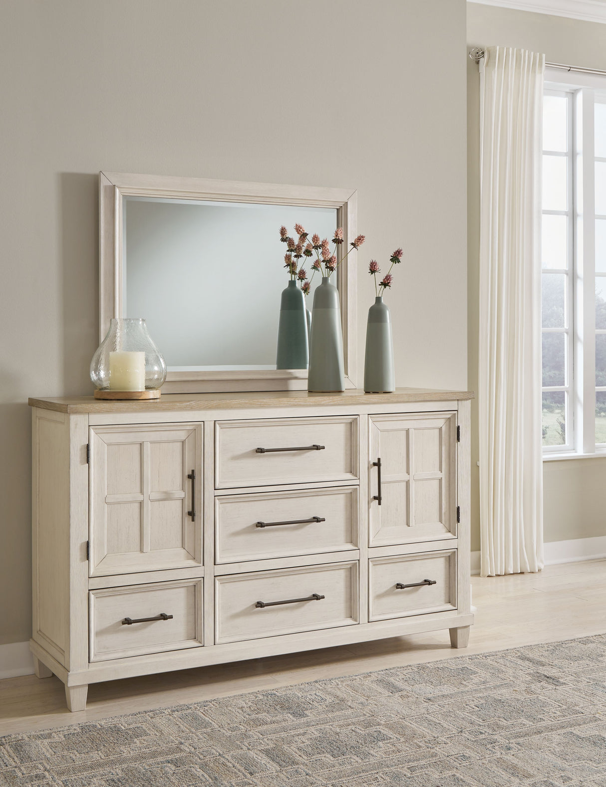 Shaybrock - Antique White / Brown - Dresser And Mirror by Benchcraft® | Bel Furniture