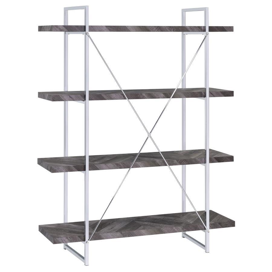 Grimma - 4-Shelf Bookshelf - Rustic Gray And Chrome by CoasterEssence | Bel Furniture