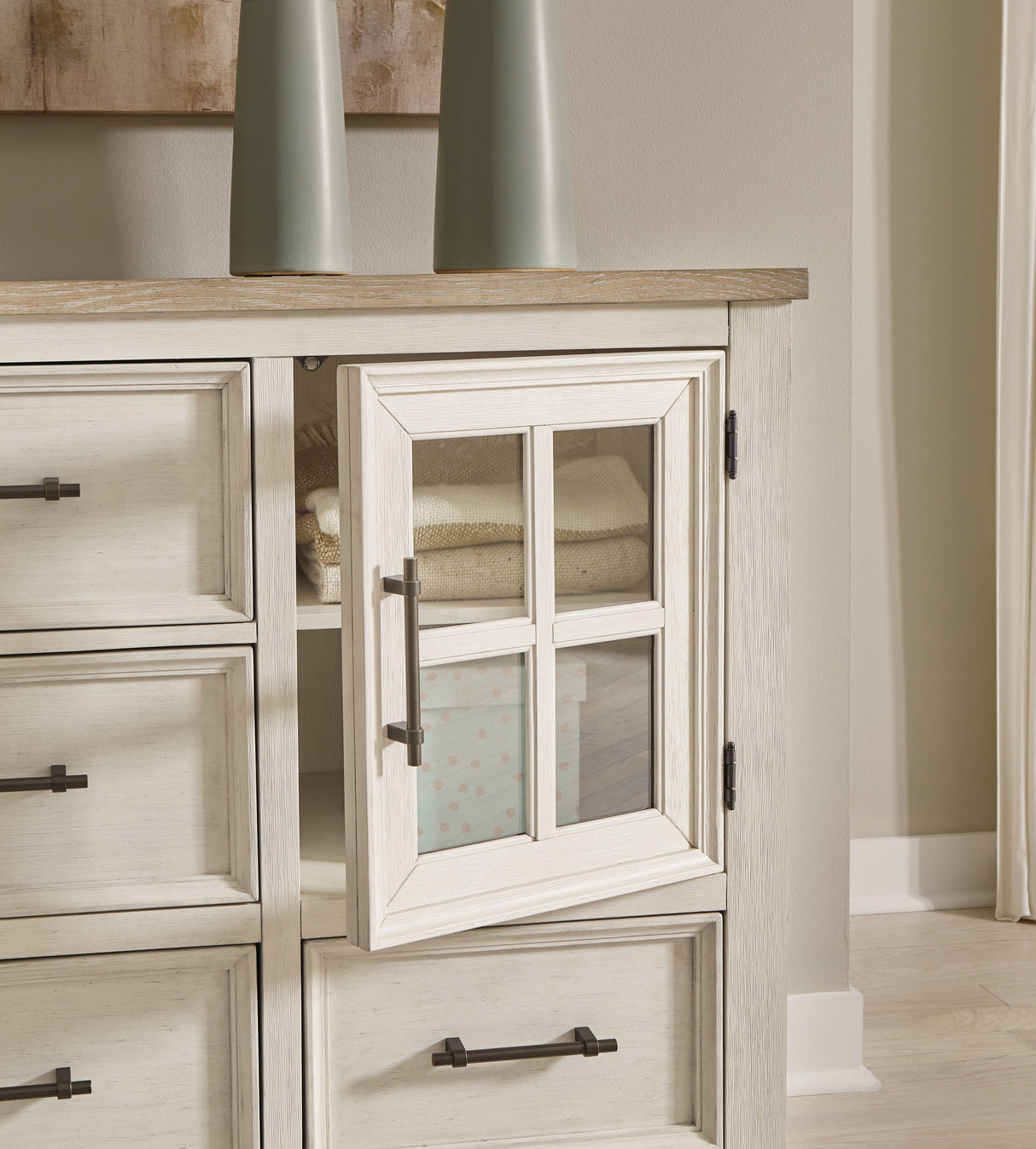 Shaybrock - Antique White / Brown - Dresser And Mirror by Benchcraft® | Bel Furniture