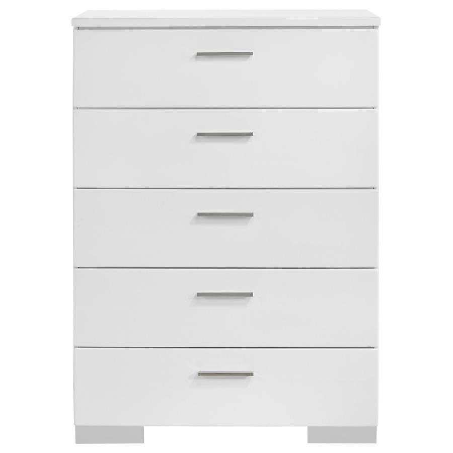 Felicity - 5-Drawer Bedroom Chest - White High Gloss by CoasterEssence | Bel Furniture