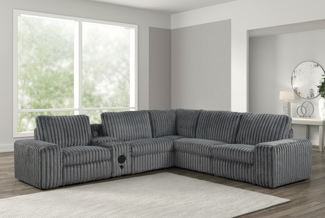 Amelia Charcoal Corduroy Fabric Power Reclining Sectional with Storage Console & Bluetooth Speakers