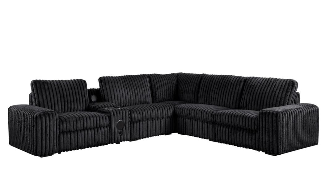 Amelia Onyx Corduroy Fabric Power Reclining Sectional with Storage Console & Bluetooth Speakers
