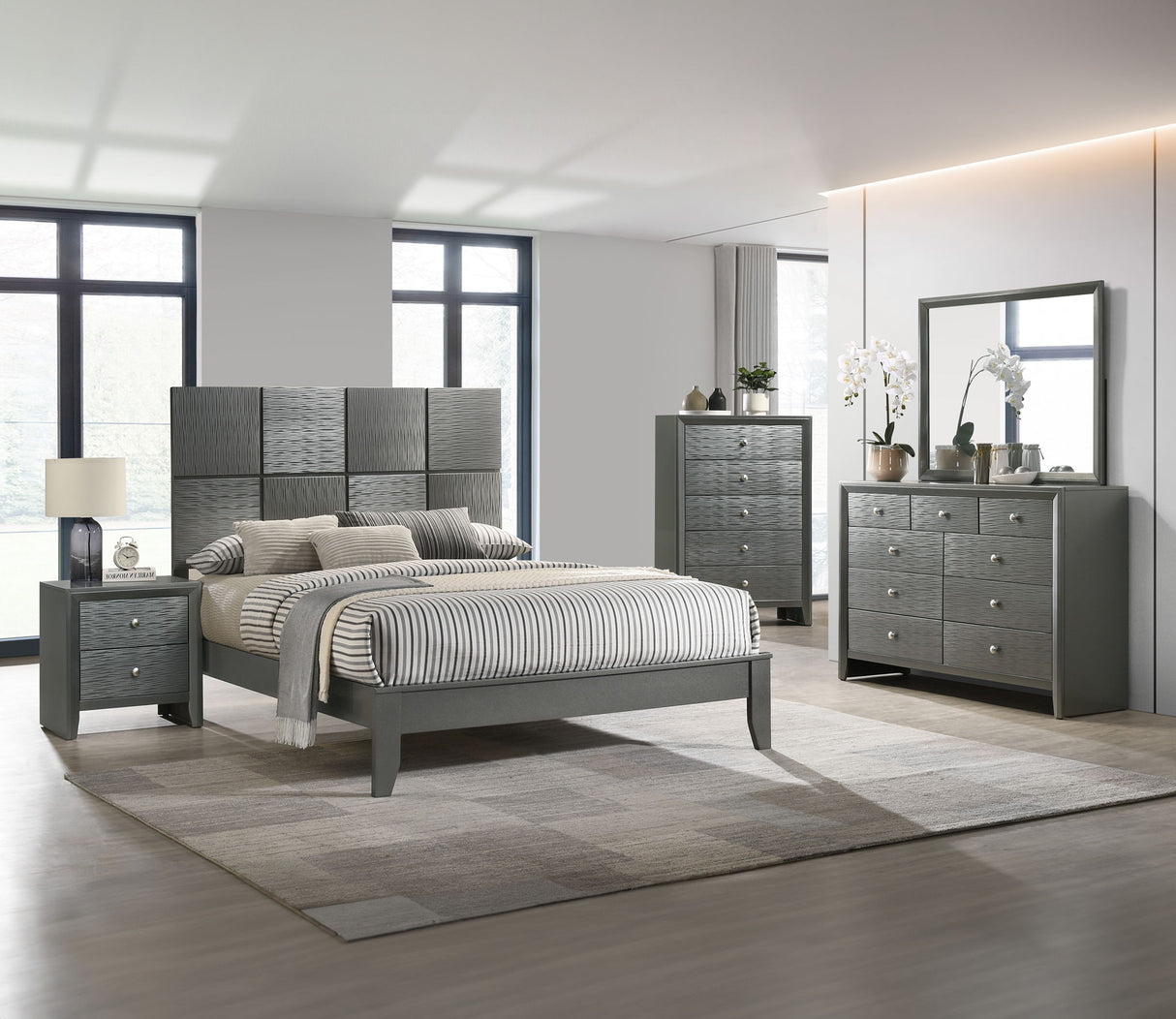 Denker - Bedroom Set Dark Gray 5 Pc. Bed, Dresser, Mirror, Chest, Nightstand by Crown Mark | Bel Furniture