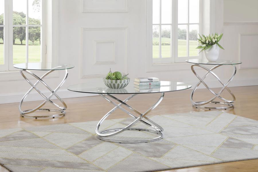Warren - 3 Piece Oval Glass Top Coffee Table Set - Chrome by CoasterEssence | Bel Furniture