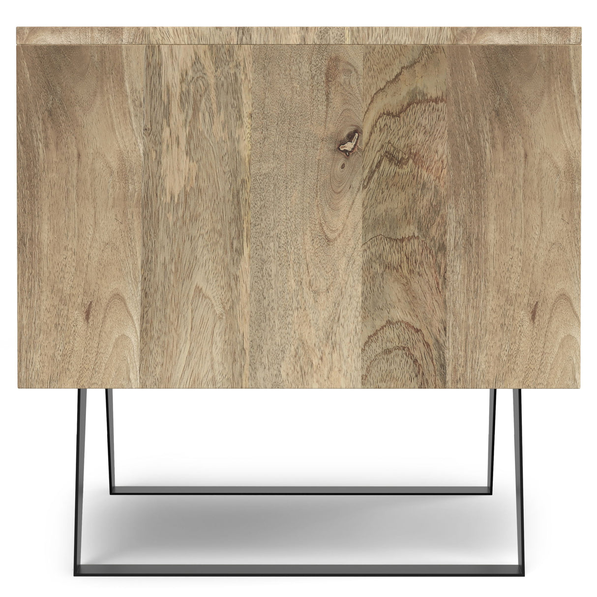 Lowry handcrafted end table with natural wood top and black metal frame legs, modern farmhouse style