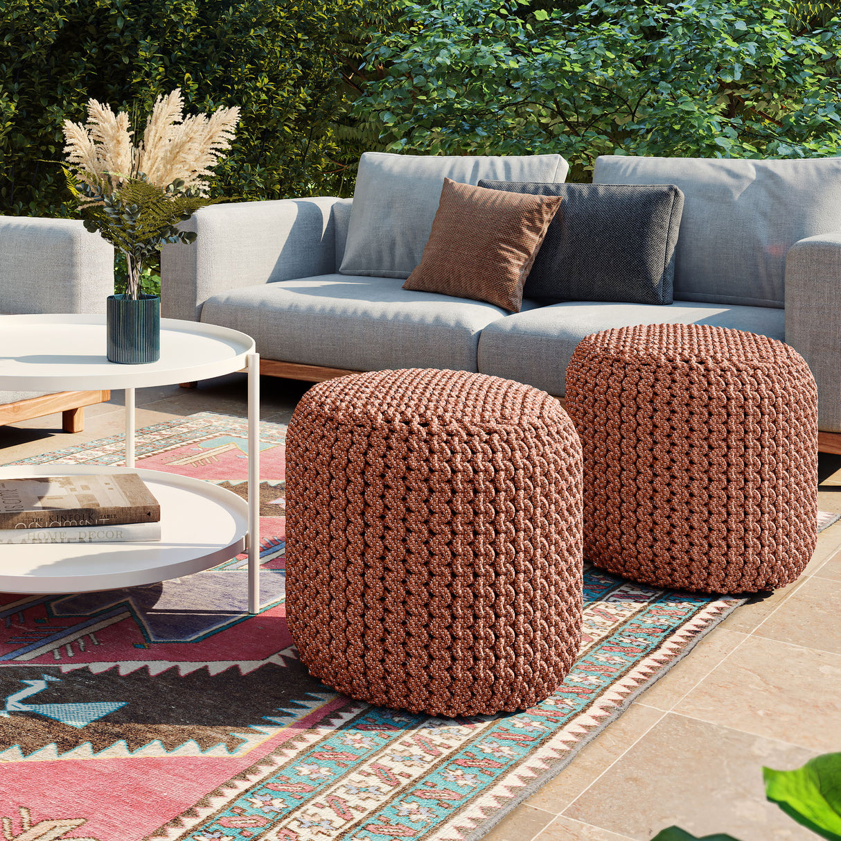 Wynne - Round Knitted Outdoor / Indoor Pouf - Orange by Simpli-Home | Bel Furniture