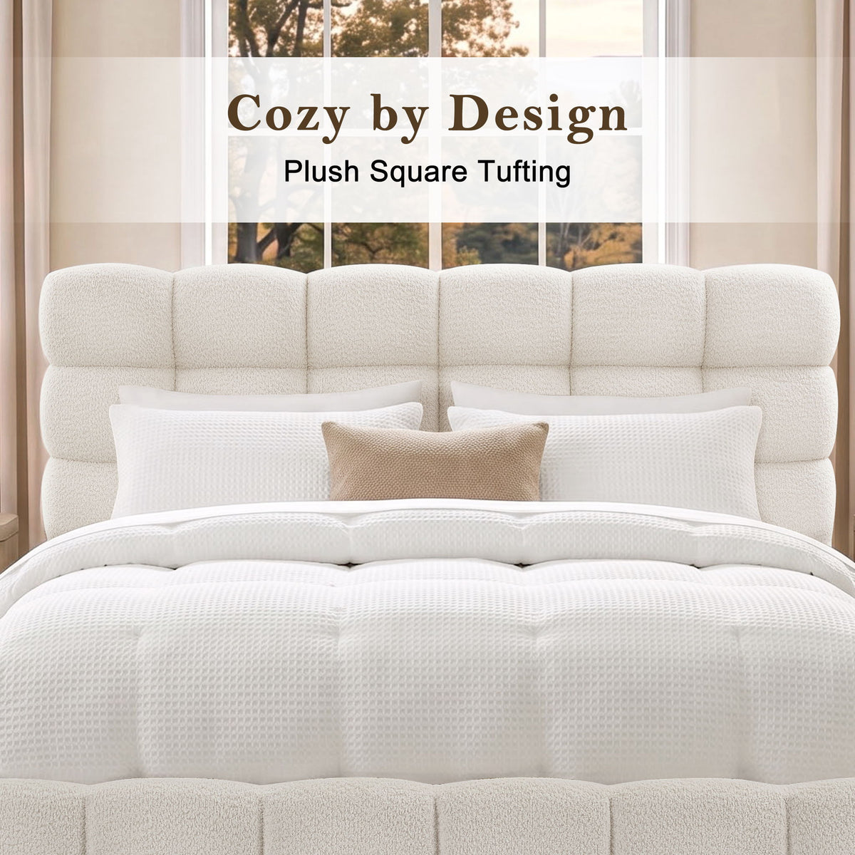 Pula - Queen Platform Bed With Upholstered Headboard, Slat Support, No Box Spring Needed - Ivory
