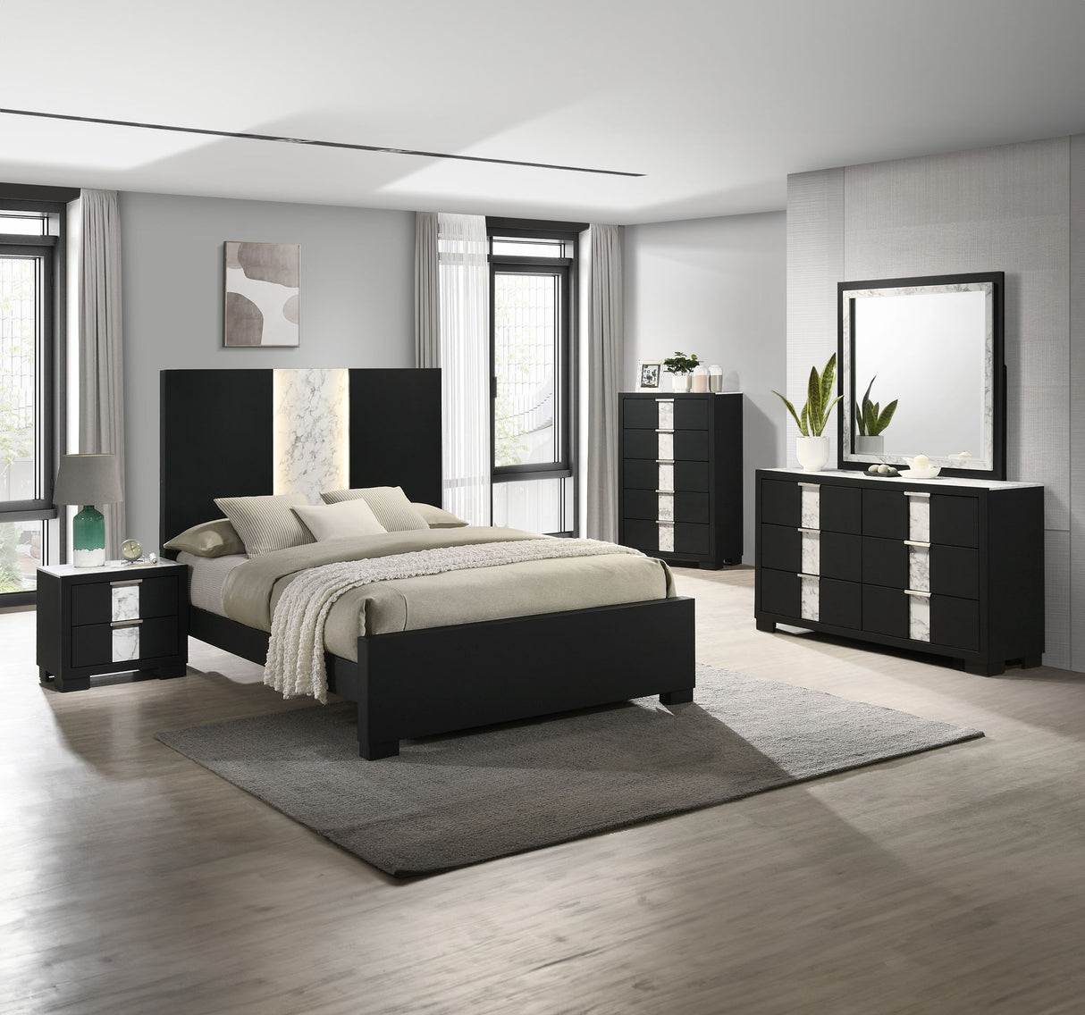 Rangley - Bedroom Set Black 5 Pc. Bed, Dresser, Mirror, Chest, Nightstand by Crown Mark | Bel Furniture