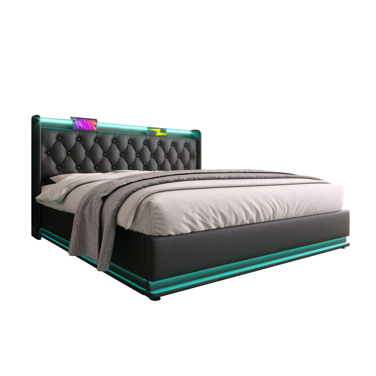 Upholstered Bed, 360 Surround LED Function, Remote Control, Hydraulic Storage Bed With USB, Type-C Charging (Without Mattress)