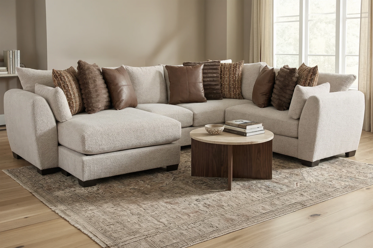 Beige Rustic 3 Room Furniture Package with Plush Sectional, Upholstered Queen Bedroom Set & 7 Piece Dining Set