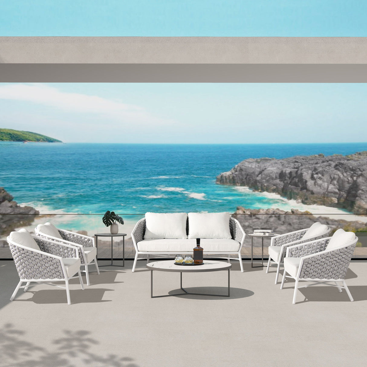 Rowan - Rope Barrel Back Patio Conversation Loveseat Sofa - Optic White by Jennifer Taylor Home | Bel Furniture