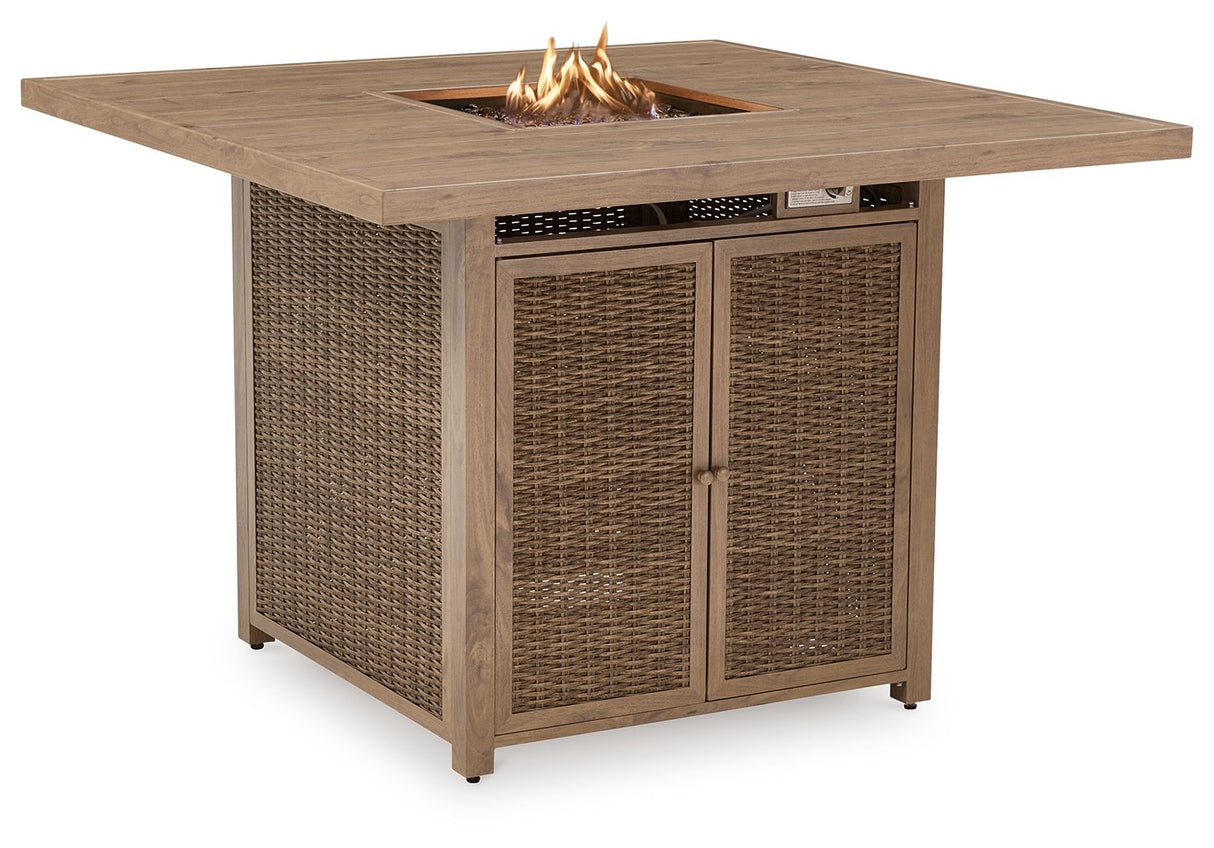 Walton Bridge - Driftwood - 5 Pc. - Square Dining Table W/Fire Pit, 4 Barstools