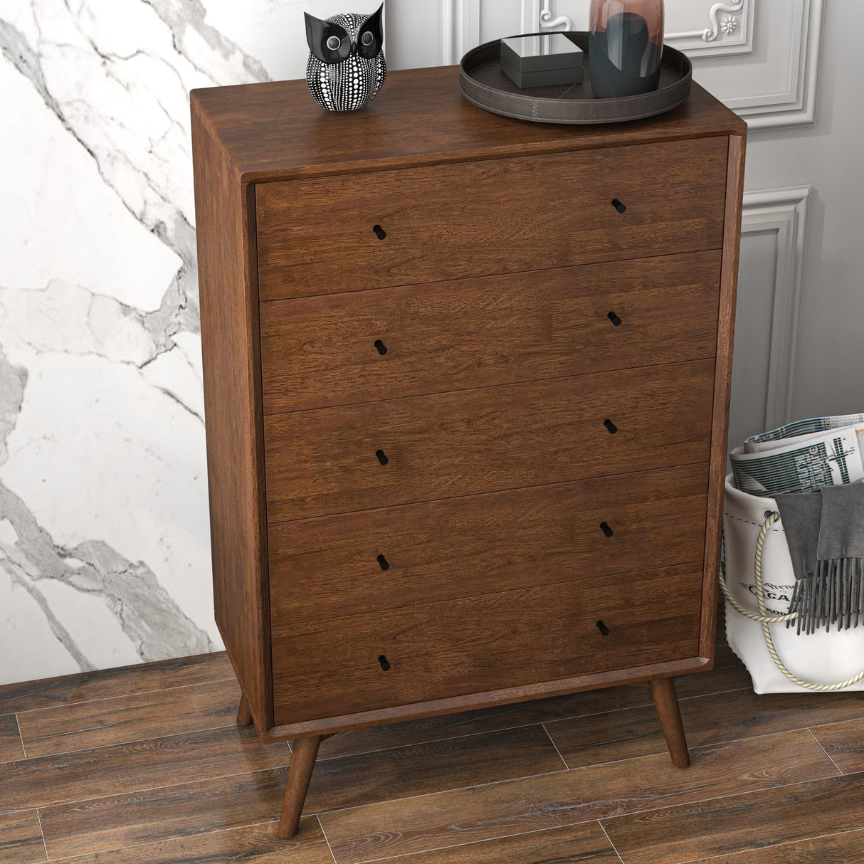 Caroline - Mid-Century Modern Dresser 5 Drawer - Dark Brown