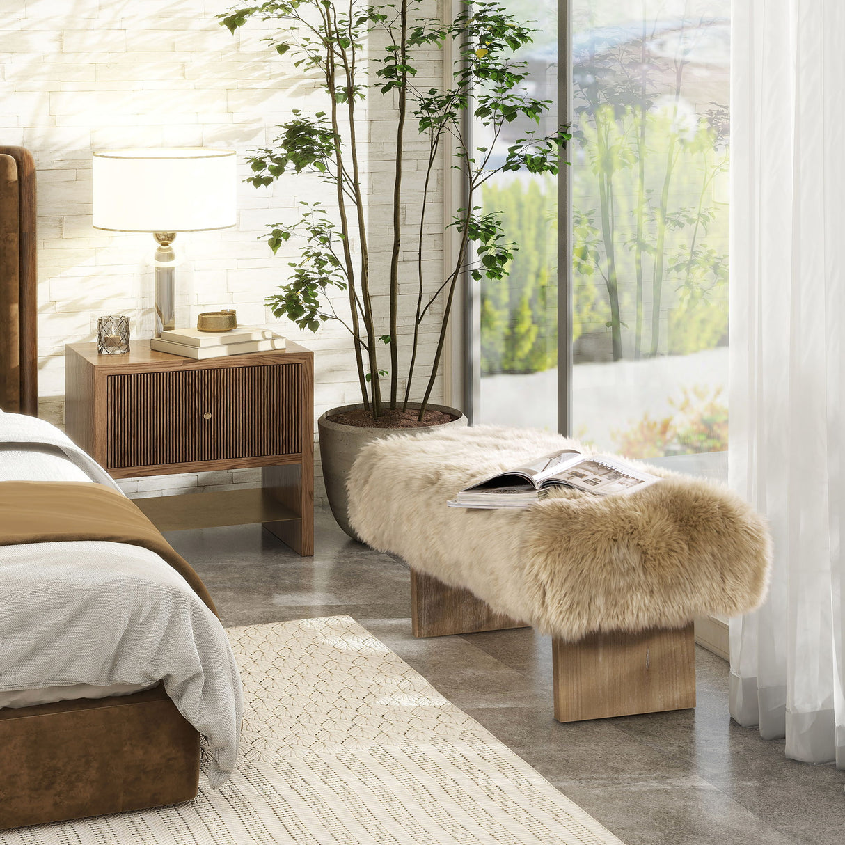 Leda - Sheepskin Fur Rectangular Accent Bench - Natural Blonde by Jennifer Taylor Home | Bel Furniture
