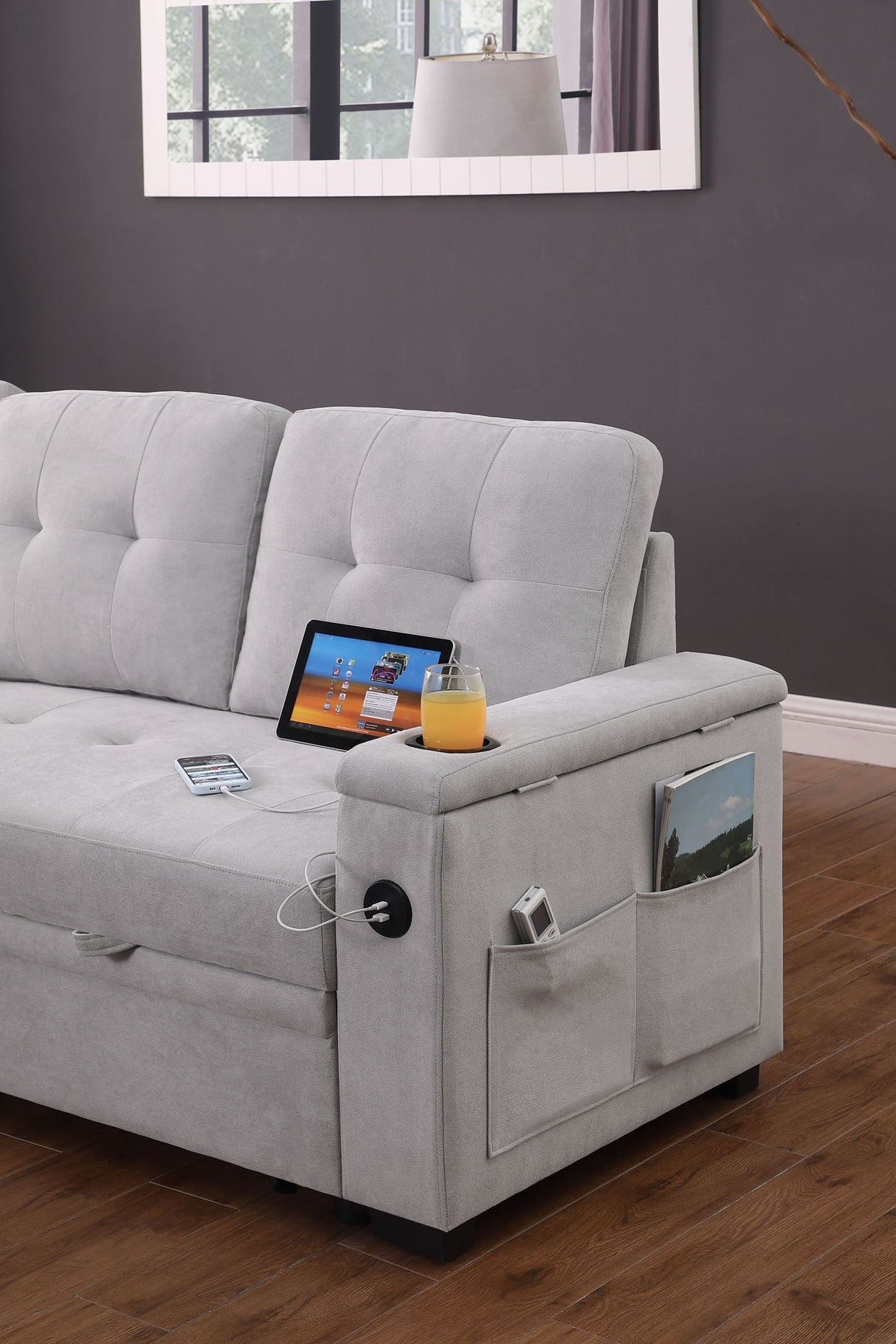 Ashlyn II - 84"W Woven Fabric Reversible Sleeper Sectional Sofa with Storage Chaise by Lilola Home | Bel Furniture