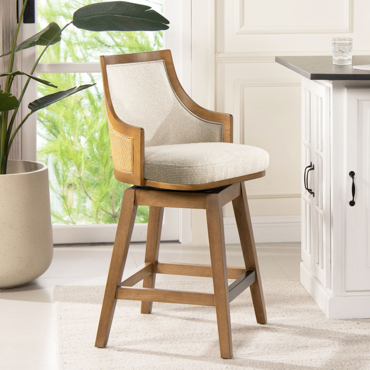 Bahama - Cane High Back Swivel Counter Stool With Recessed Arms Textured Weave - Taupe Beige by Jennifer Taylor Home | Bel Furniture