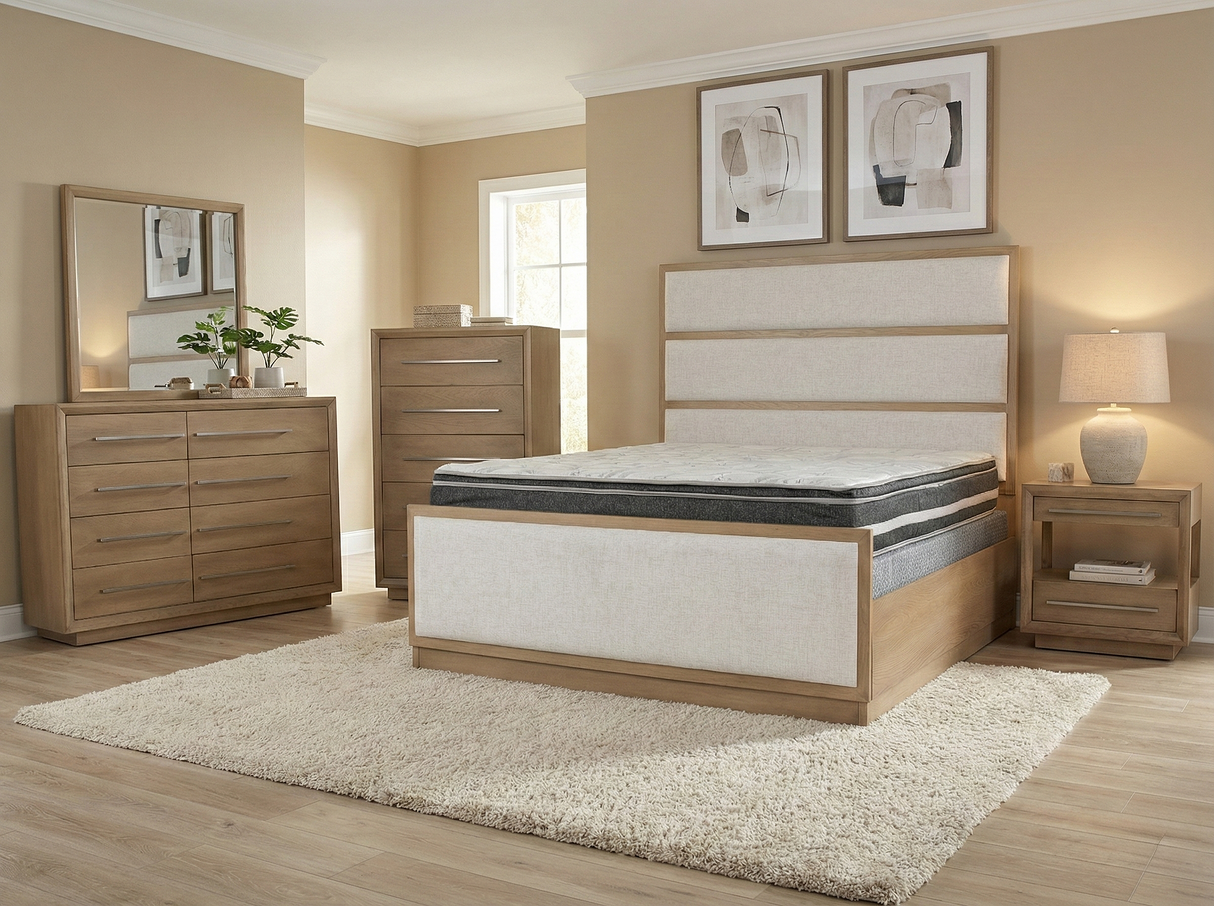 Durango Moka Wood & Natural Linen Upholstered Panel 6-Piece Bedroom Set