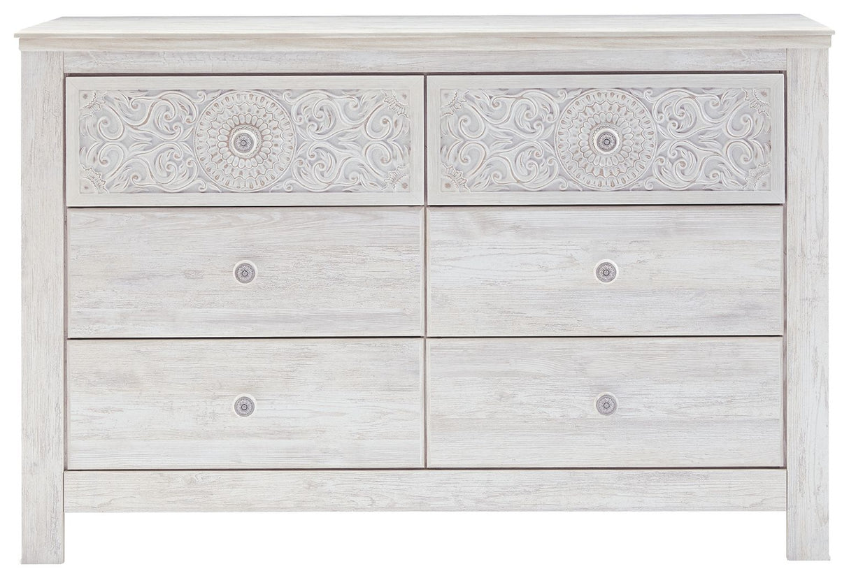 Paxberry - Whitewash - Six Drawer Dresser - Medallion Drawer Pulls by Signature Design by Ashley® | Bel Furniture