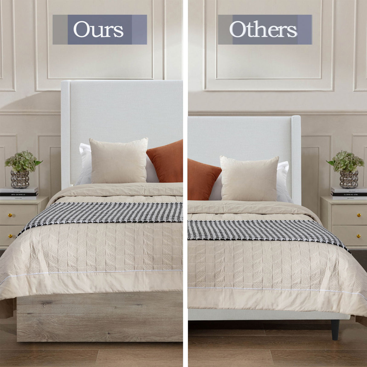 Shelton - Queen Upholstered Wingback Bed With 54" High Headboard - Ivory / Light Gray / Camel Oak