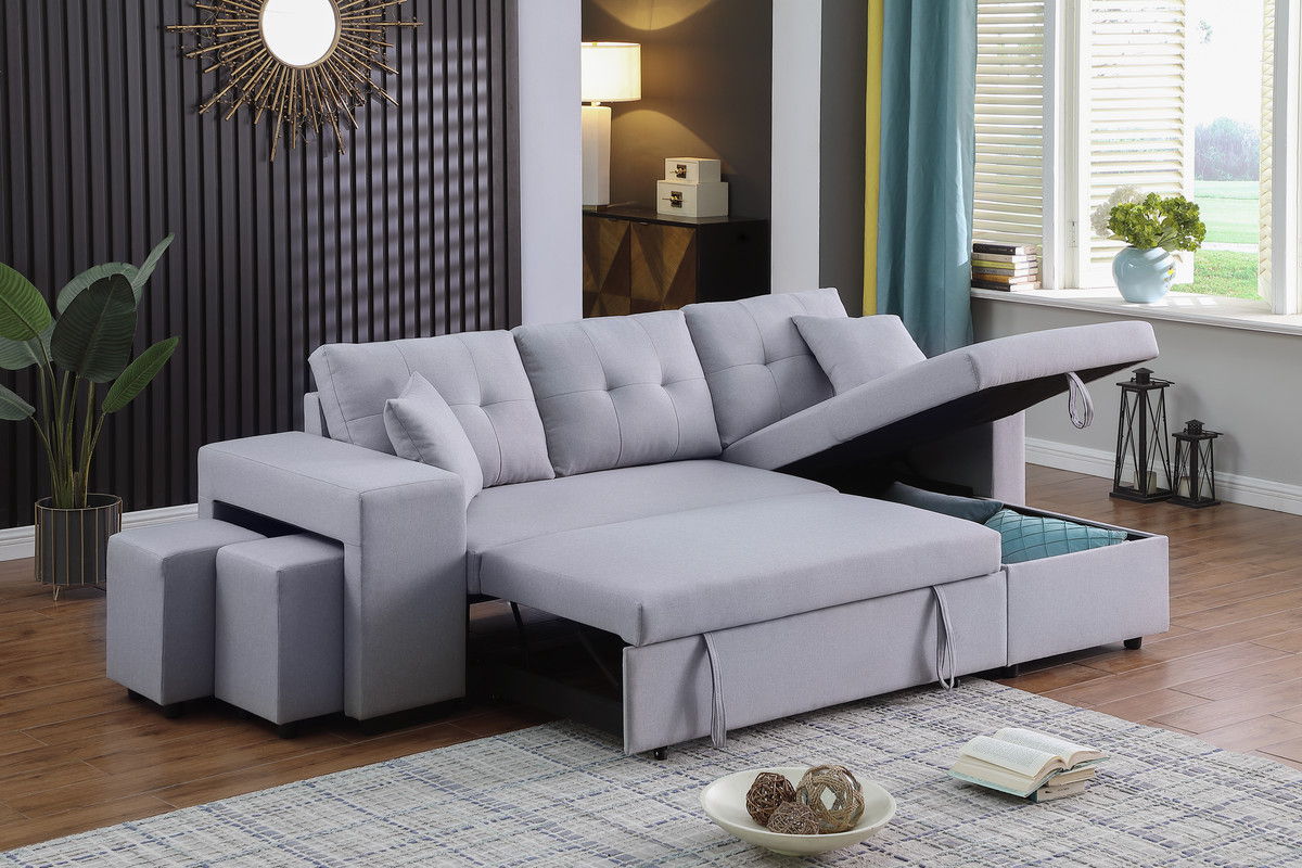 Dennis - Linen Fabric Reversible Sleeper Sectional With Storage Chaise And 2 Stools by Lilola Home | Bel Furniture