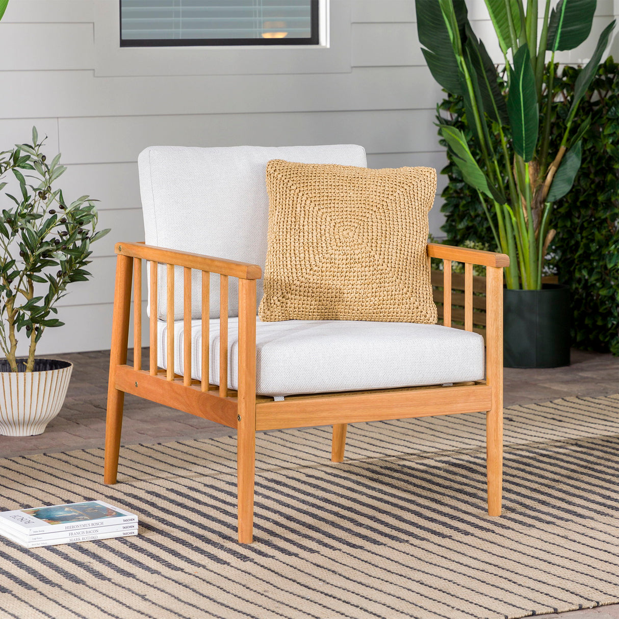 Contemporary Cushioned Eucalyptus Wood Patio Accent Chair by Walker Edison | Bel Furniture