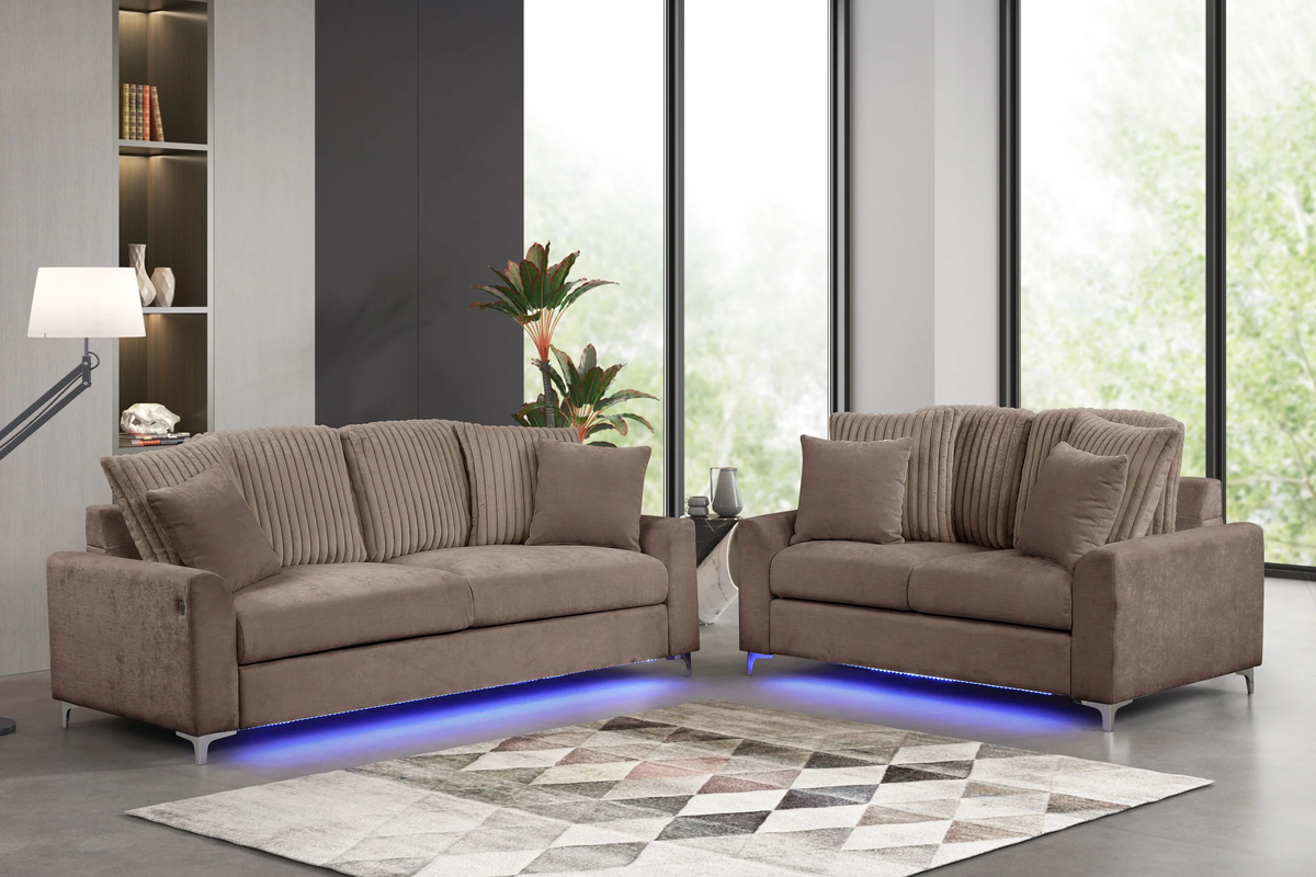 11-Piece 3-Room Furniture Package with Taupe Living Room Set, Queen Bed & 6-Piece Dining Set