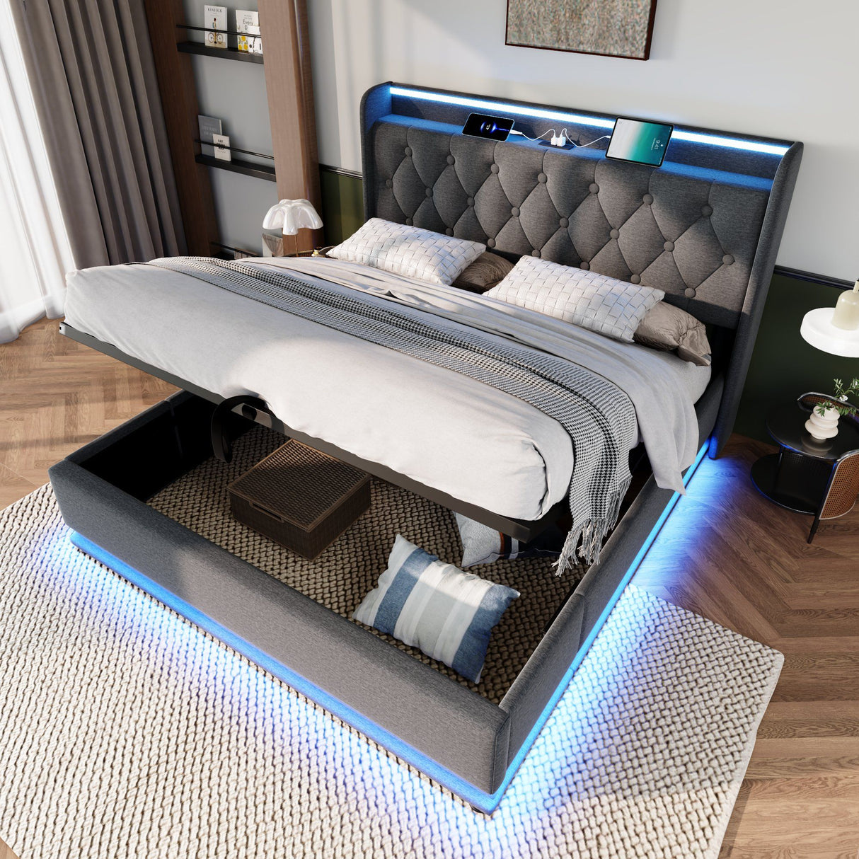 Upholstered Bed, 360 Surround LED Function, Remote Control, Hydraulic Storage Bed With USB, Type-C Charging (Without Mattress)