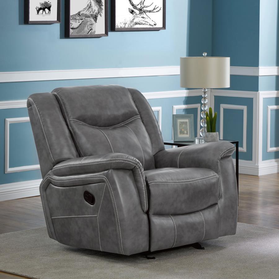 Conrad - Upholstered Padded Arm Glider Recliner - Gray by CoasterEveryday | Bel Furniture