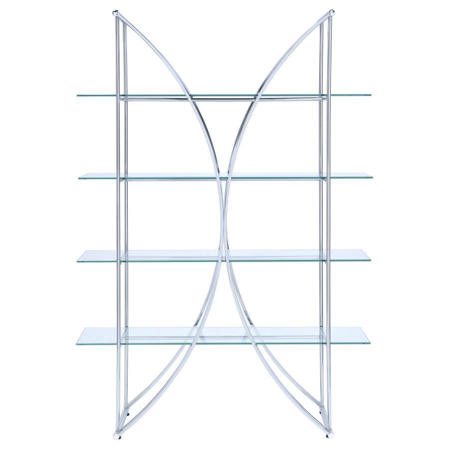 Larson - 4-Shelf Glass Bookshelf - Chrome by CoasterEssence | Bel Furniture