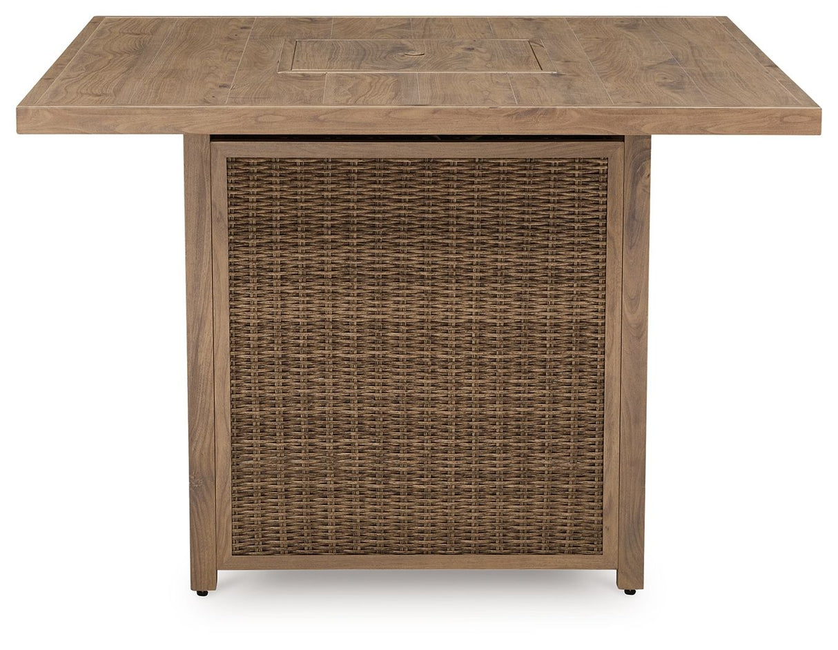 Walton Bridge - Driftwood - 5 Pc. - Square Dining Table W/Fire Pit, 4 Barstools