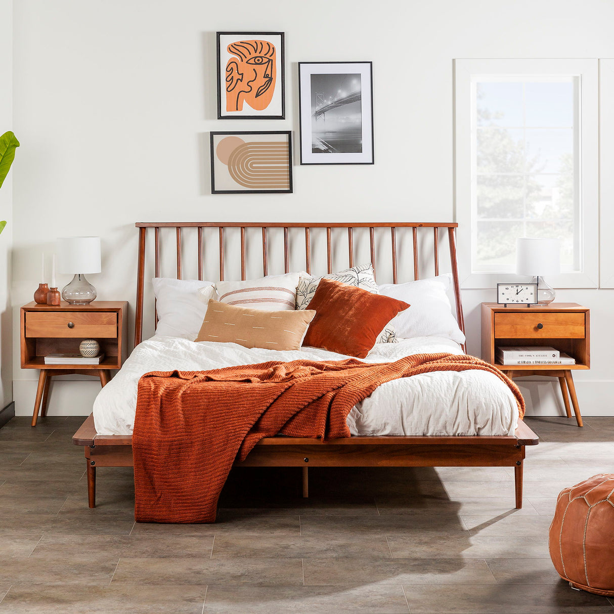 Mid-Century Modern Solid Wood Platform Bed Frame With Spindle Headboard by Walker Edison | Bel Furniture