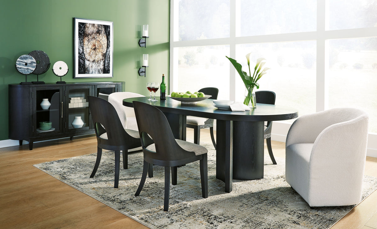 Rowanbeck - Dining Room Set Black 8 Pc. Table, 4 Chairs, 2 Arm Chairs, Server by Signature Design by Ashley® | Bel Furniture