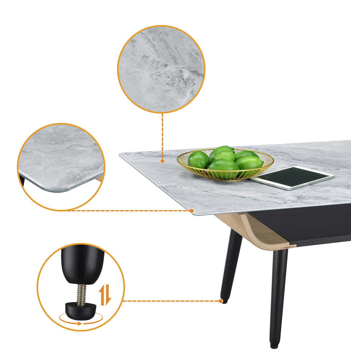 Landon - Coffee Table With Glass Marble Texture Top And Bent Wood Design by Lilola Home | Bel Furniture