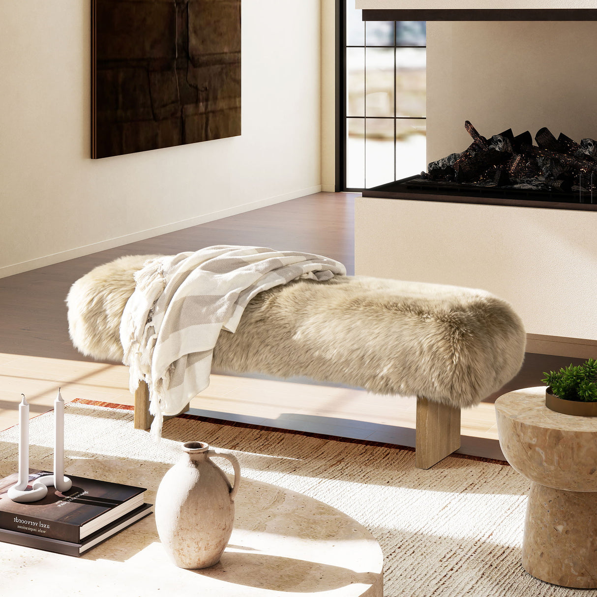 Leda - Sheepskin Fur Rectangular Accent Bench - Natural Blonde by Jennifer Taylor Home | Bel Furniture