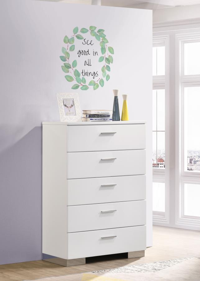 Felicity - 5-Drawer Bedroom Chest - White High Gloss by CoasterEssence | Bel Furniture