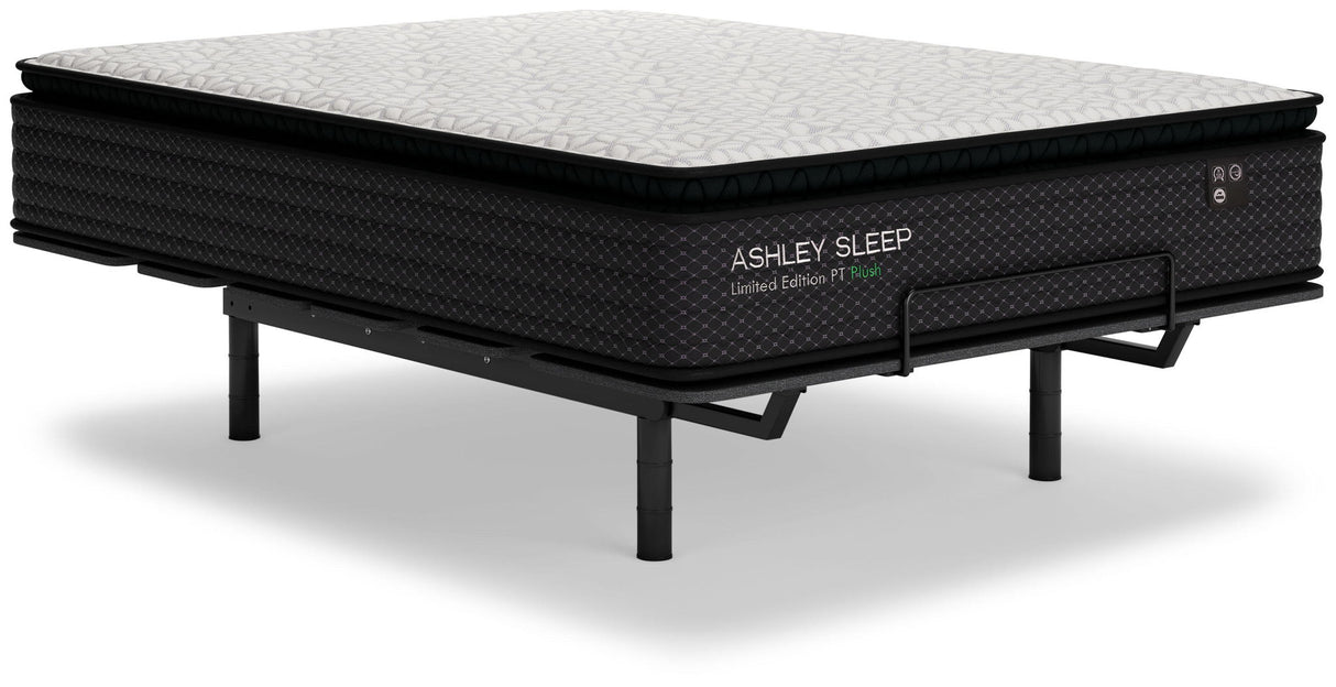Ashley Sleep Limited Edition PT Plush black pillow top mattress on adjustable bed frame