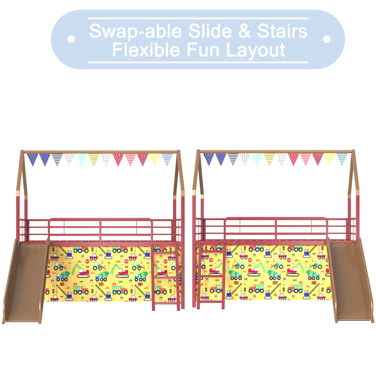 Jack - House Loft Bed With Slide And Curtain Set
