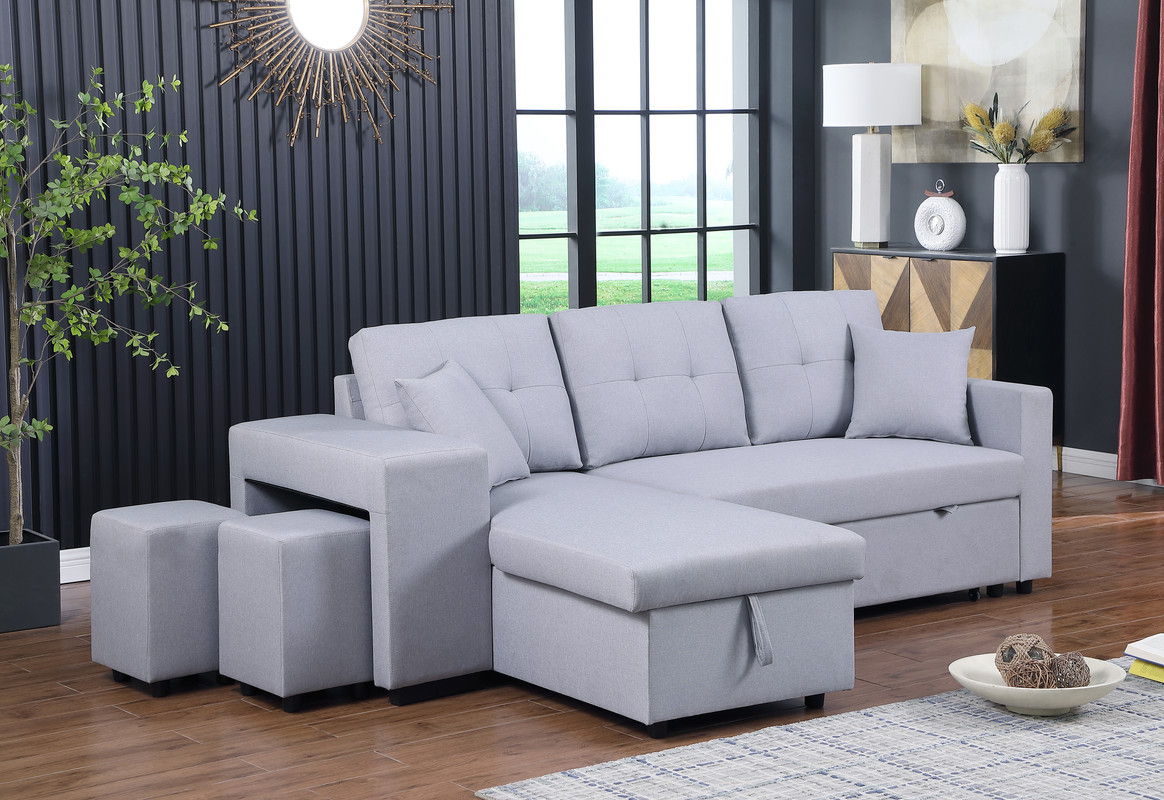 Dennis - Linen Fabric Reversible Sleeper Sectional With Storage Chaise And 2 Stools by Lilola Home | Bel Furniture