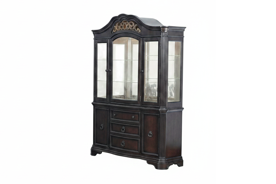 Espresso Traditional China Cabinet with Glass Hutch & Buffet Storage