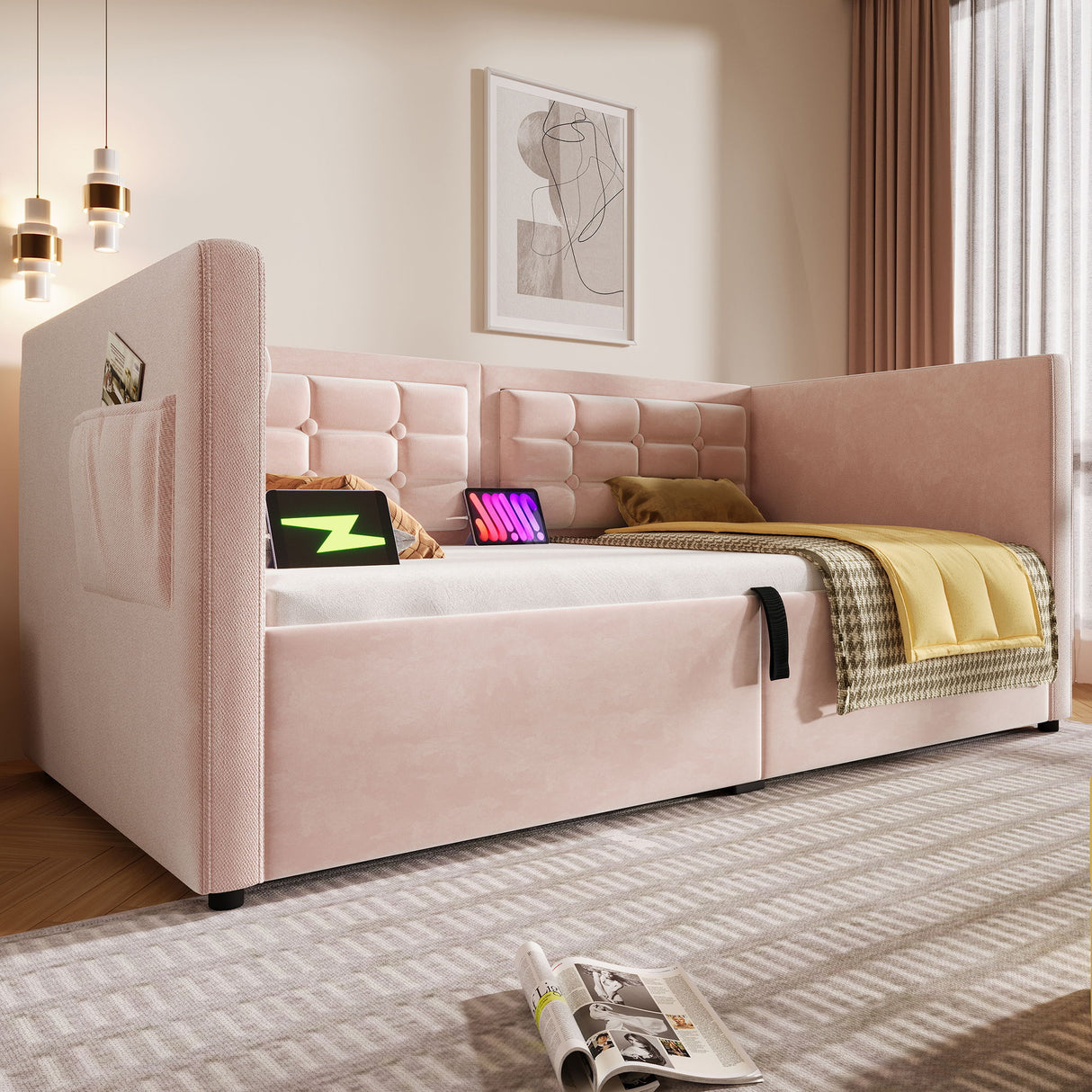 Upholstered Hydraulic Storage Daybed With USB & Type C Charging