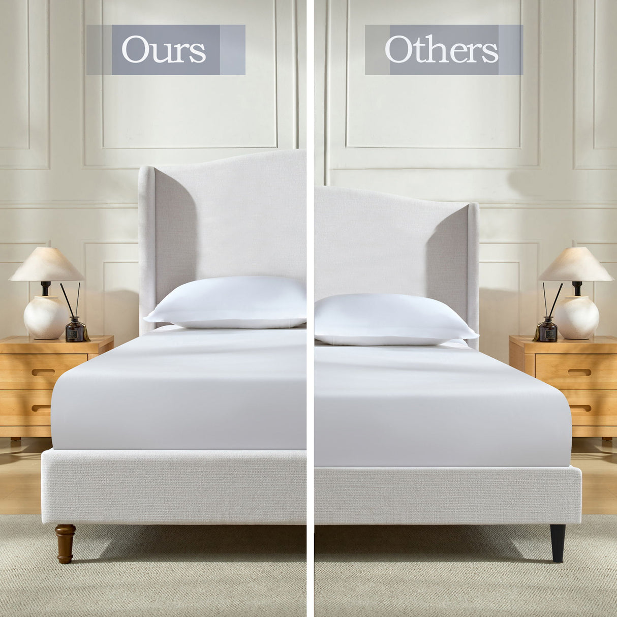 Hannah - Upholstered Wingback Bed Size / Tall Headboard Upholstered King Bed / Premium Textured Canvas Chenille Look / Minimalist Designs / No Box Spring Needed